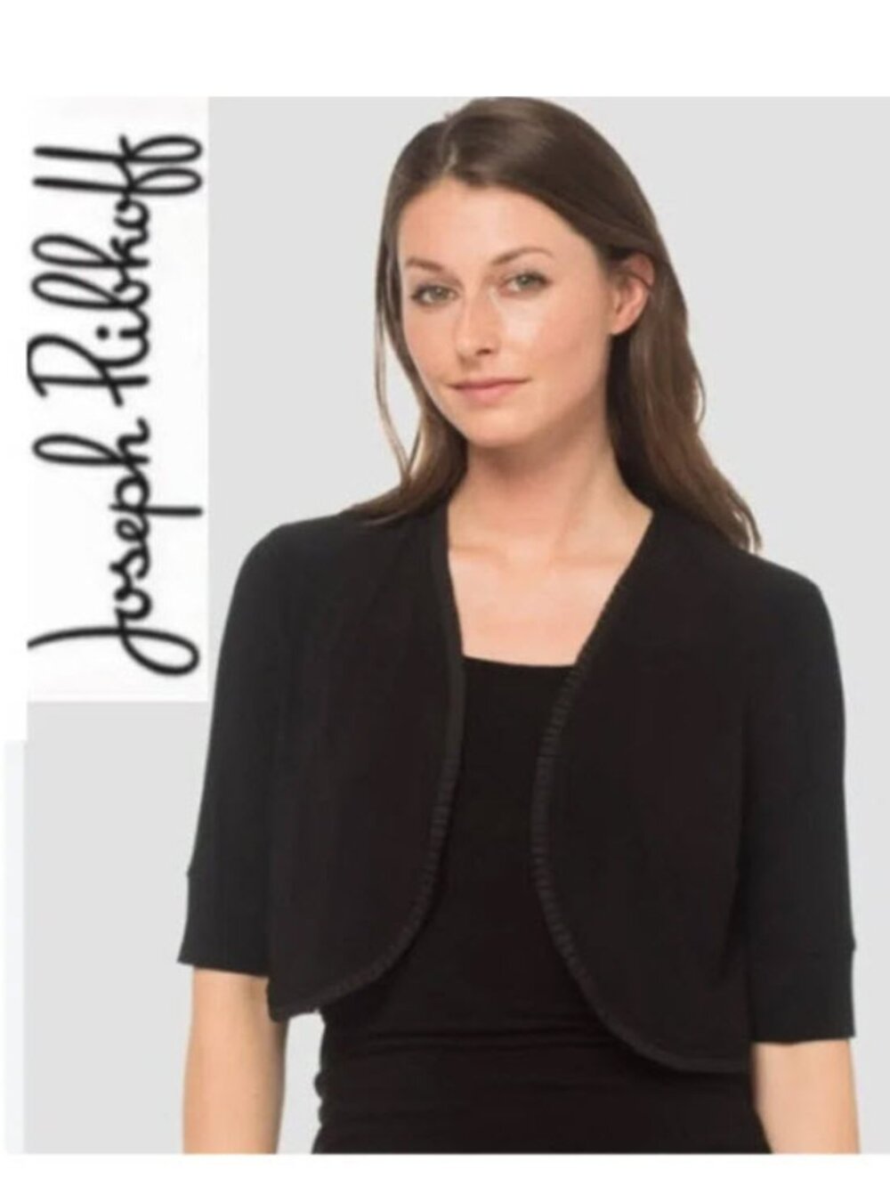 JOSEPH RIBKOFF Black Bolero Top Cropped Pintuck Trim 3/4 Sleeve Size 16
